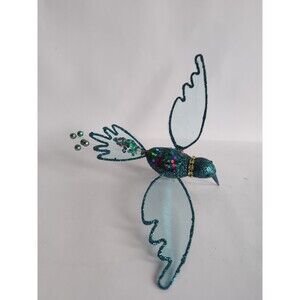 Clip-On Teal Blue Hummingbird Glitter Ornament Tulle Wings